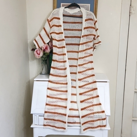 En Creme Sweaters - Crotchet Long line Cover Up Duster Photo's Medium Beach Cruise Vacation